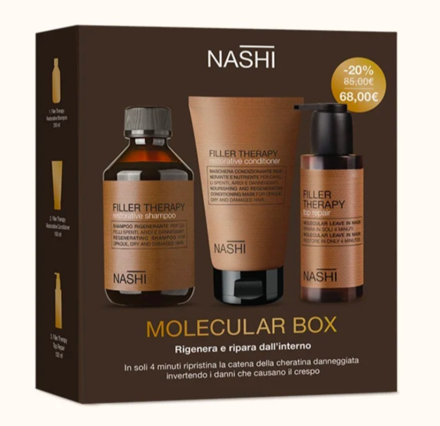 Nashi Argan Molecular Box komplekts ar Filler Therapy šampūnu, kondicionieri un Top Repair